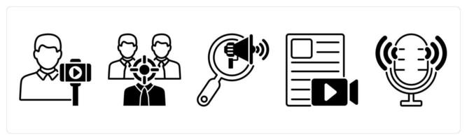 Set of 5 Influencer icons in black color as vlogger, target audience, search marketing vector