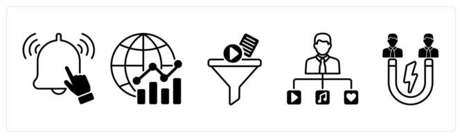 Set of 5 Influencer icons in black color as subscribe, global marketing, content filter vector