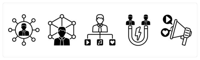 Set of 5 Influencer icons in black color as influence, expertise, user generated content vector