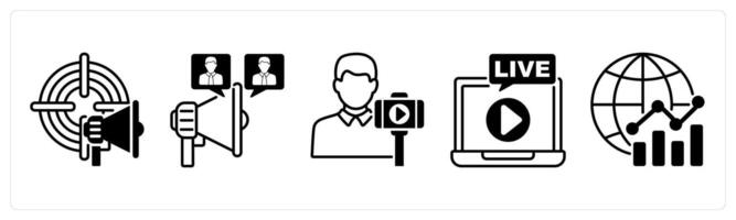Set of 5 Influencer icons in black color as adverisment target, viral, vlogger, live vector