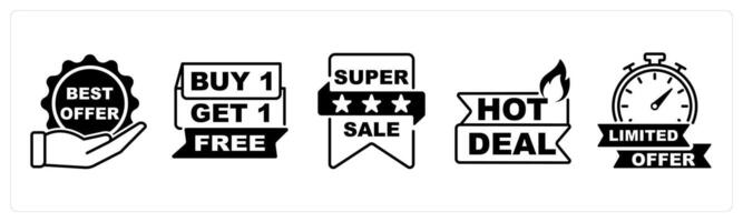 Set of 5 Offer and Sale icons in black color as best offer, free, super sale vector