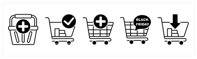 Set of 5 Offer and Sale icons in black color as add to cart, purchase, black friday vector