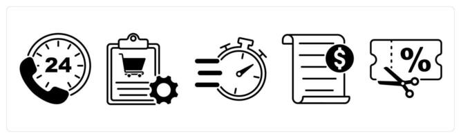 Set of 5 Offer and Sale icons in black color as 24hr service, order process, fast delivery vector