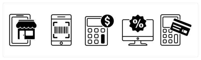 Set of 5 Offer and Sale icons in black color as mobile store, scan, calculator vector