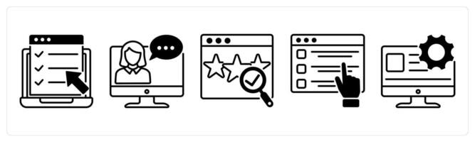 Set of 5 Survey and Rating icons in black color as online survey, online help, review verification vector