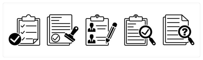 Set of 5 Survey and Rating icons in black color as verified assessment, verified approval, participants list vector