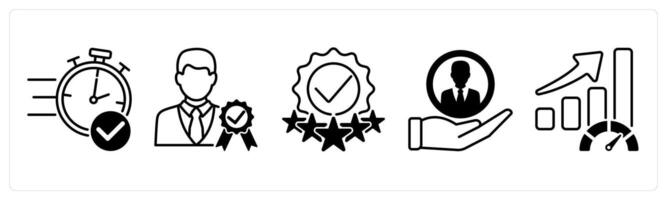 Set of 5 Survey and Rating icons in black color as quick response, credibility verification, rating check vector