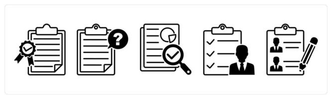 Set of 5 Survey and Rating icons in black color as quality certificate, questionnaire, audit vector