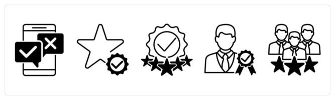 Set of 5 Survey and Rating icons in black color as online survey, valid rating, rating check vector