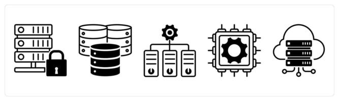 Set of 5 Technology icons in black color as secure server, data center, hypervisor vector