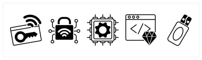 Set of 5 Technology icons in black color as smart key, secure connection, hardware vector