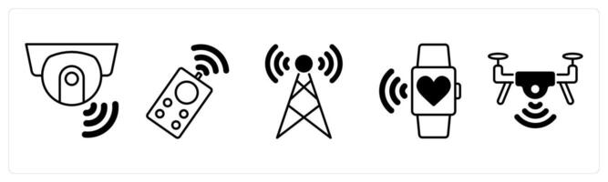 Set of 5 Technology icons in black color as smart camera, remote control, signal tower vector