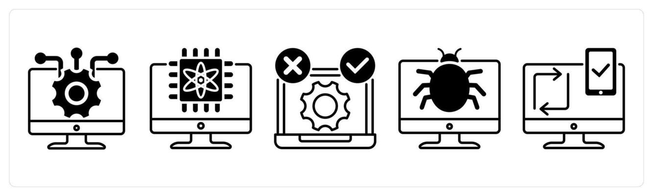 Set of 5 Technology icons in black color as information technology, quantum computing, tdd