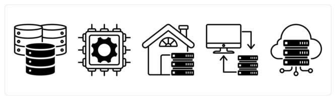 Set of 5 Technology icons in black color as data center, hardware, home server vector