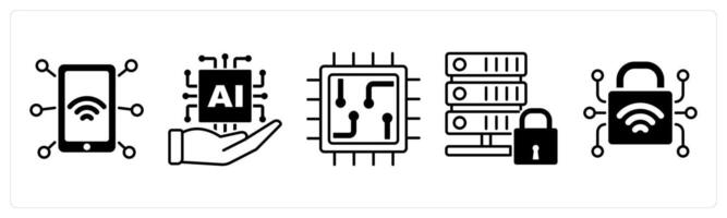 Set of 5 Technology icons in black color as nfc technology, ai development, chip vector