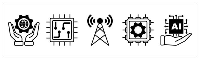 Set of 5 Technology icons in black color as it governance, chip, signal tower vector