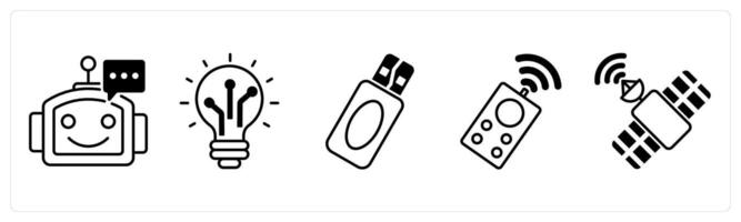 Set of 5 Technology icons in black color as chatbot, advanced technology, pendrive vector