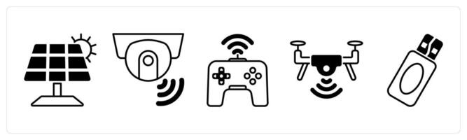 Set of 5 Technology icons in black color as solar panel, smart camera, game vector