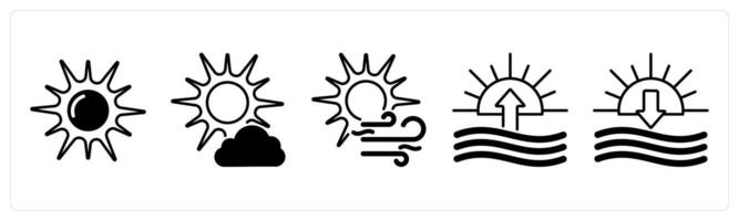 Set of 5 Weather icons in black color as sun, little cloud, wind and sun vector