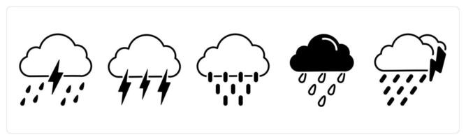 Set of 5 Weather icons in black color as lightning rain, lightning, downpour vector