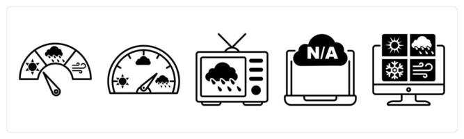 Set of 5 Weather icons in black color as barometer, weather news, not available vector