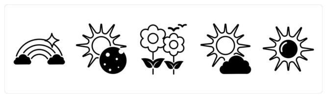 Set of 5 Weather icons in black color as rainbow, eclipse, spring vector