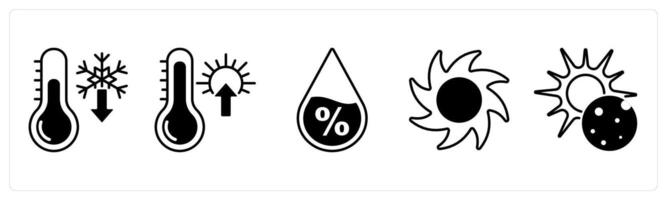 Set of 5 Weather icons in black color as low temperature, high temperature, humidity vector