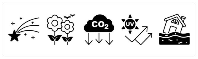 Set of 5 Weather icons in black color as shooting star, spring, co2 vector