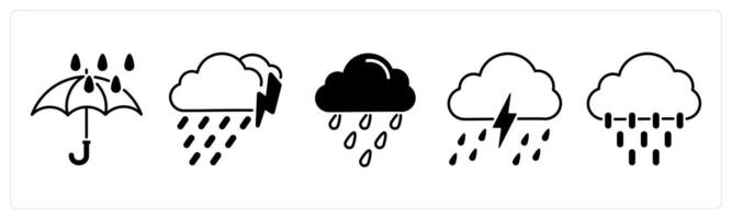 Set of 5 Weather icons in black color as umbrella, heavy rain, rain vector