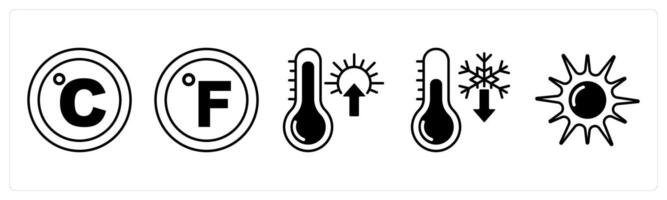 Set of 5 Weather icons in black color as celsius, fahrenheit, high temperature vector