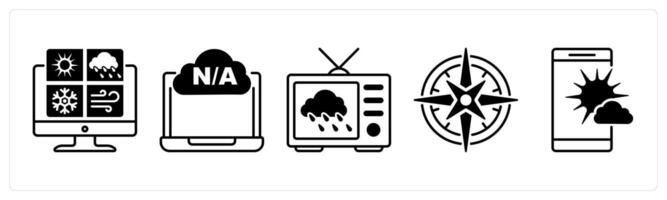 Set of 5 Weather icons in black color as weather report, not available, weather new vector