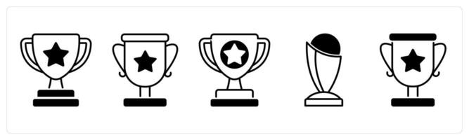 Set of 5 Award icons in black color as trophy, award, achievement vector