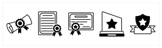 Set of 5 Award icons in black color as degree, certificate, trophy vector