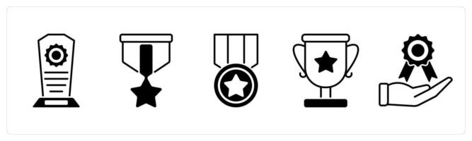 Set of 5 Award icons in black color as award, medal, badge vector