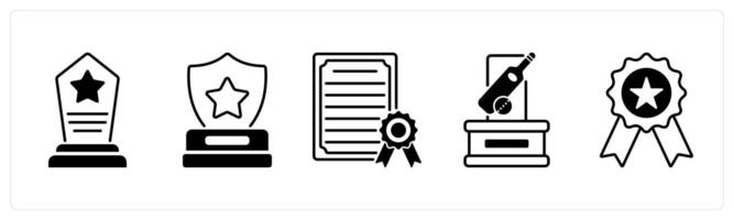 Set of 5 Award icons in black color as award, trophy shield, certificate vector