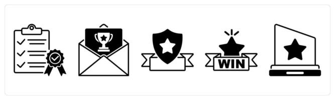 Set of 5 Award icons in black color as qualified, award invitation, award vector