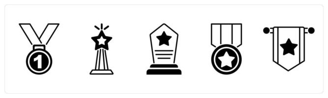 Set of 5 Award icons in black color as medal, trophy, award vector