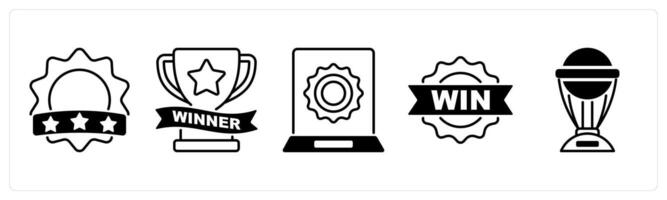 Set of 5 Award icons in black color as badge, winner, award vector