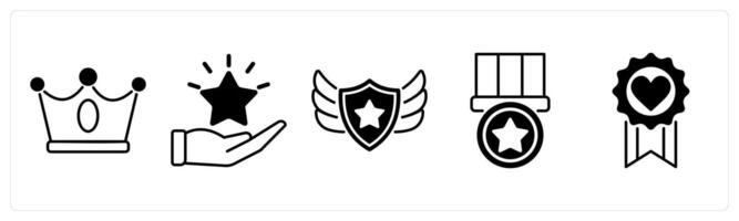 Set of 5 Award icons in black color as crown, reward, shield vector