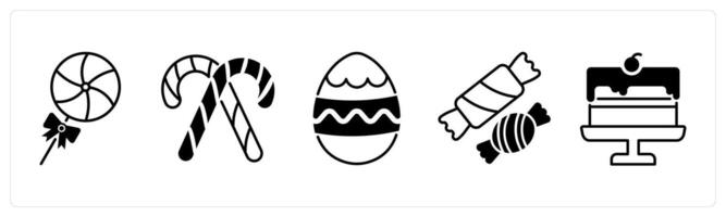 Set of 5 Christmas icons in black color as candy, candy cane, easter egg vector