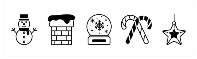 Set of 5 Christmas icons in black color as snowman, snow chimney, snowglobe vector
