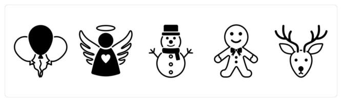 Set of 5 Christmas icons in black color as balloon, angel, snowman vector