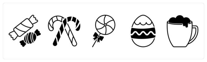 Set of 5 Christmas icons in black color as candy, candy cane, easter eggs vector