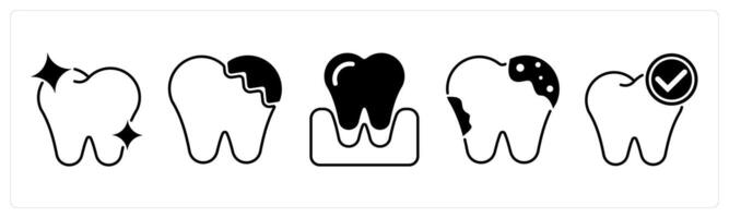 Set of 5 Dental Care icons in black color as tooth, broken tooth, tooth extraction vector