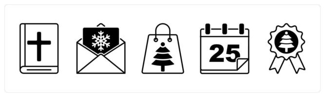 Set of 5 Christmas icons in black color as holy book, christmas invitation, christmas shopping vector