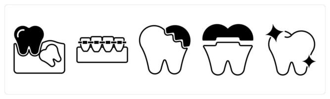 Set of 5 Dental Care icons in black color as wisdom tooth, braces, broken tooth vector
