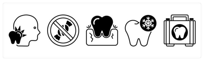 Set of 5 Dental Care icons in black color as toothache, no sweets, gingivitis vector