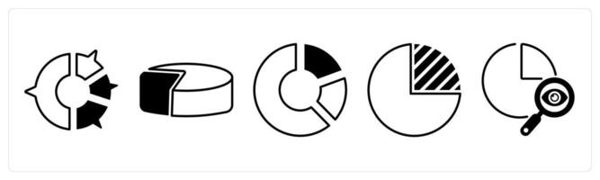 Set of 5 Diagram icons in black color as pie chart, circle graph, wheel graph vector