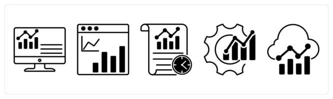 Set of 5 Diagram icons in black color as dashboard, web statistics, scheduler report vector