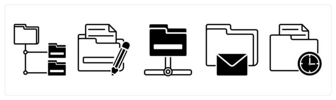 Set of 5 Files icons in black color as folder tree, edit folder, network folder vector